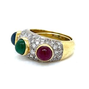 18K Yellow Gold Ruby, Sapphire, Emerald, and Diamond Ring