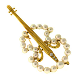 Mikimoto Pearl Diamond Yellow Gold Cello Brooch