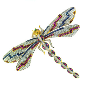 Statement Art Deco Dragonfly Brooch in 18k Gold Featuring Diamonds, Rubies, Sapphires & Emeralds