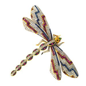 Statement Art Deco Dragonfly Brooch in 18k Gold Featuring Diamonds, Rubies, Sapphires & Emeralds