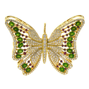 18k Yellow Gold Butterfly Pendant with Diamonds and Gemstones, and Intricate 18k Gold Chain set