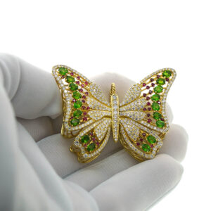 18k Yellow Gold Butterfly Pendant with Diamonds and Gemstones, and Intricate 18k Gold Chain set