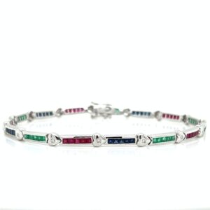 14K White Gold Diamond Emerald Sapphire & Ruby Bracelet