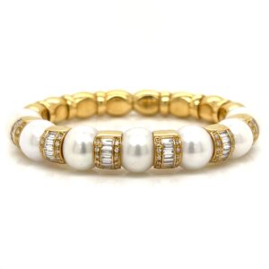 18K Yellow Gold Pearl & Diamond Bangle