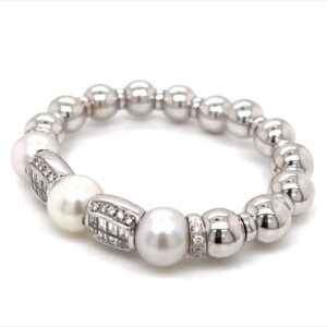 18K White Gold South Sea Pearl and Diamond Bangle